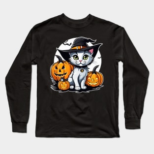 Cute witch cat with pumpkins halloween design Long Sleeve T-Shirt